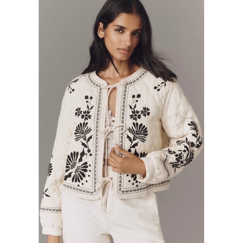 MABLE Cream Black Floral Embroidered Quilted Tie Front Jacket Womens Size M